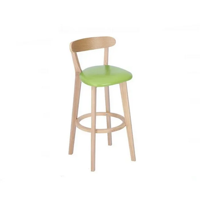 Farmhouse barstool with natural wood frame, simple backrest, and round green seat offering a warm rustic style for bar counters
