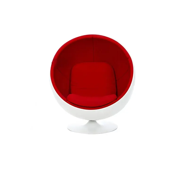 Ball Lounge Designer Chair: A futuristic globe-shaped swivel chair with a glossy white outer shell and deep red fabric interior.
