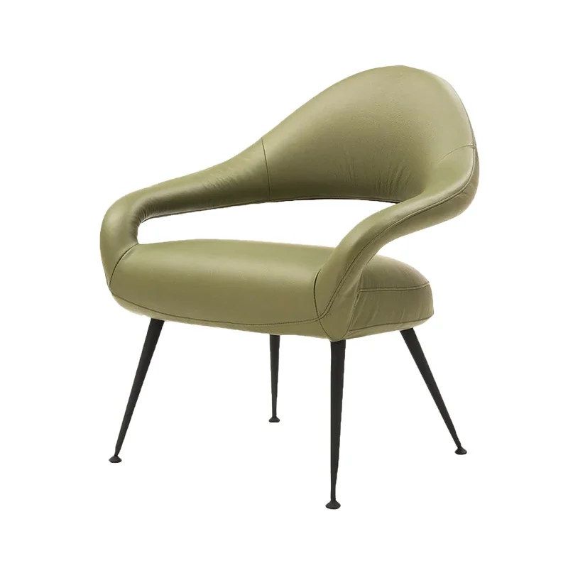 Frau Armchair in olive green leather with curved backrest, padded seat, and slim black metal legs on a clean white background