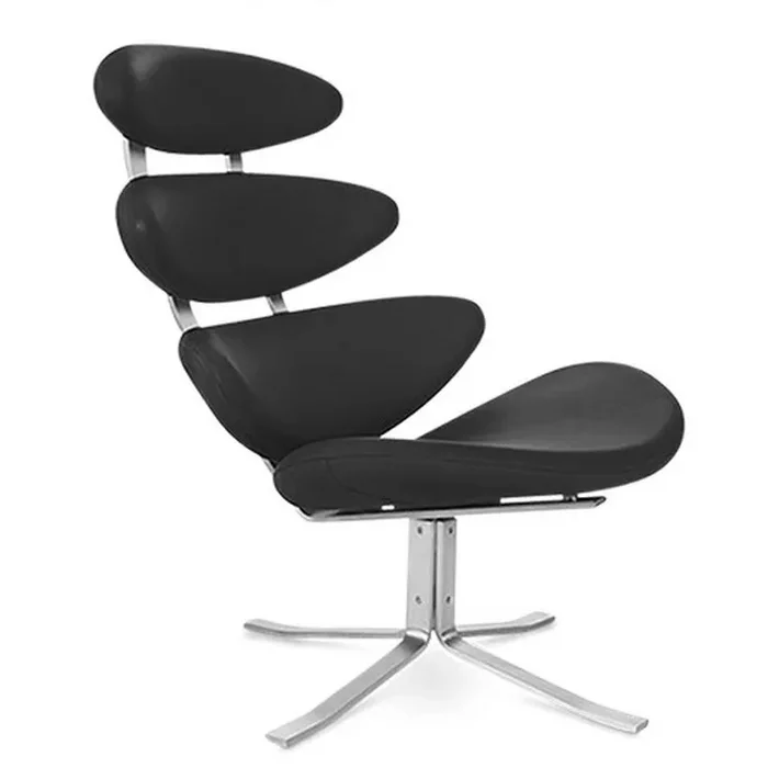 A sleek, black Corona High Accent Chair featuring four tiered, oval-shaped cushions on a minimalist swivel chrome base.