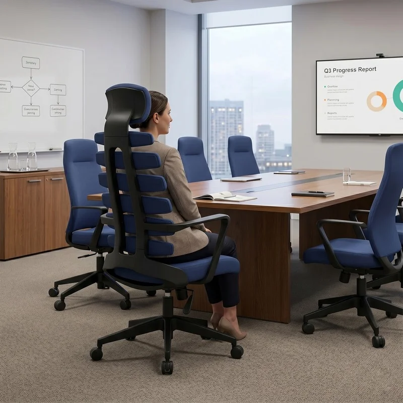 Woman in a blazer seated at a conference table in an ergonomic chair, looking at a wall-mounted presentation screen.