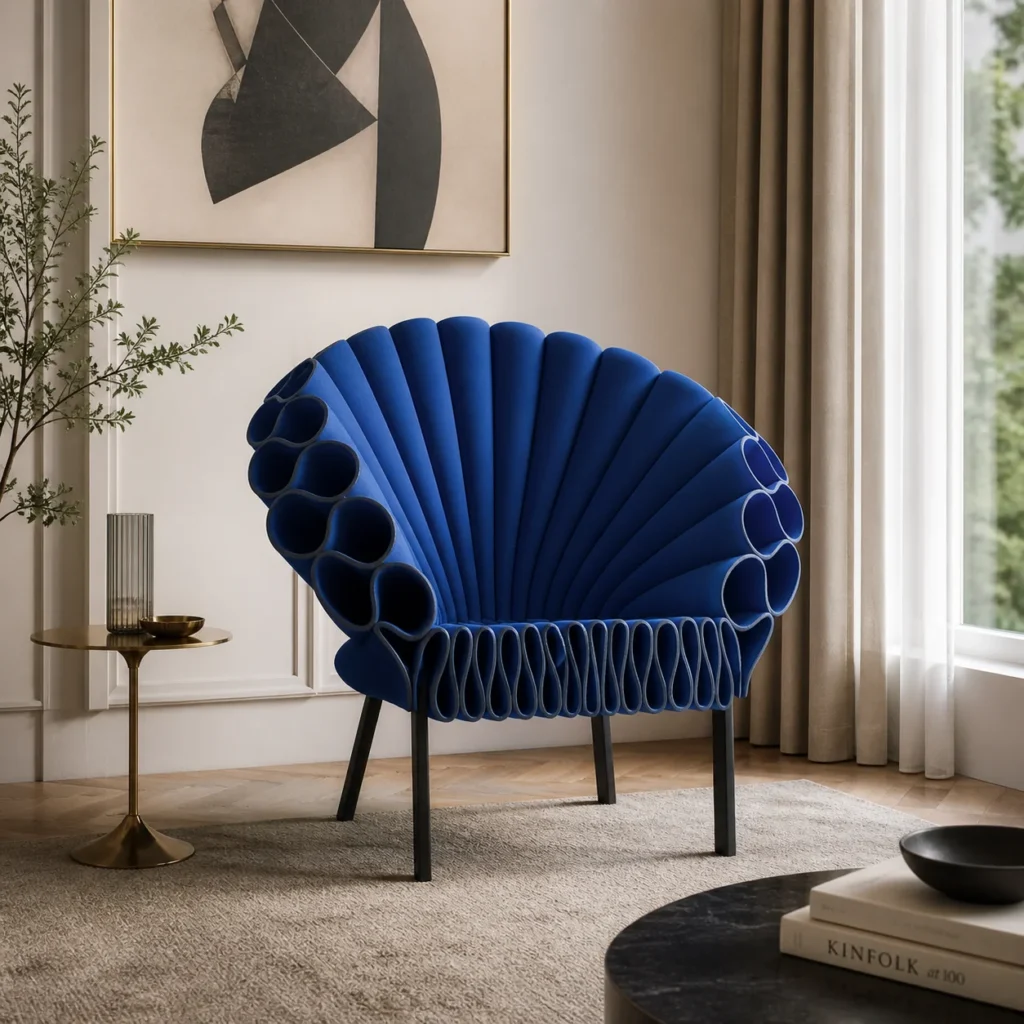 Hollywood Peacock Armchair in bold blue with sculptural fan-back design and modern luxury interior styling.