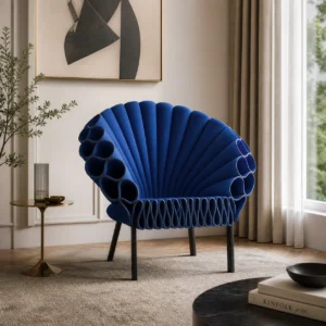 Hollywood Peacock Armchair in bold blue with sculptural fan-back design and modern luxury interior styling.