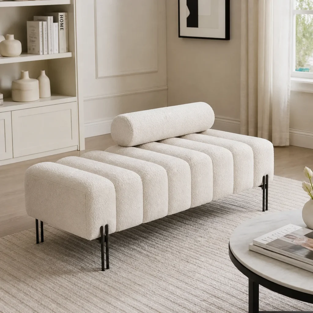 Living Room Velvet Bench Slipper Chair with cream tufted upholstery, cylindrical bolster, and black legs in a modern space.