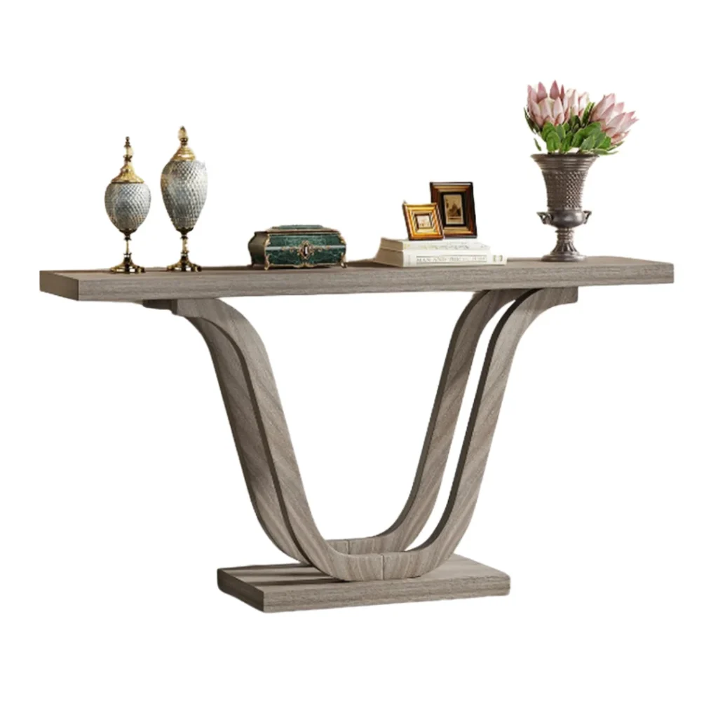 Entryway Console Egypt: A rustic gray wood-grain console table featuring a unique U-shaped pedestal base on a rectangular plinth.