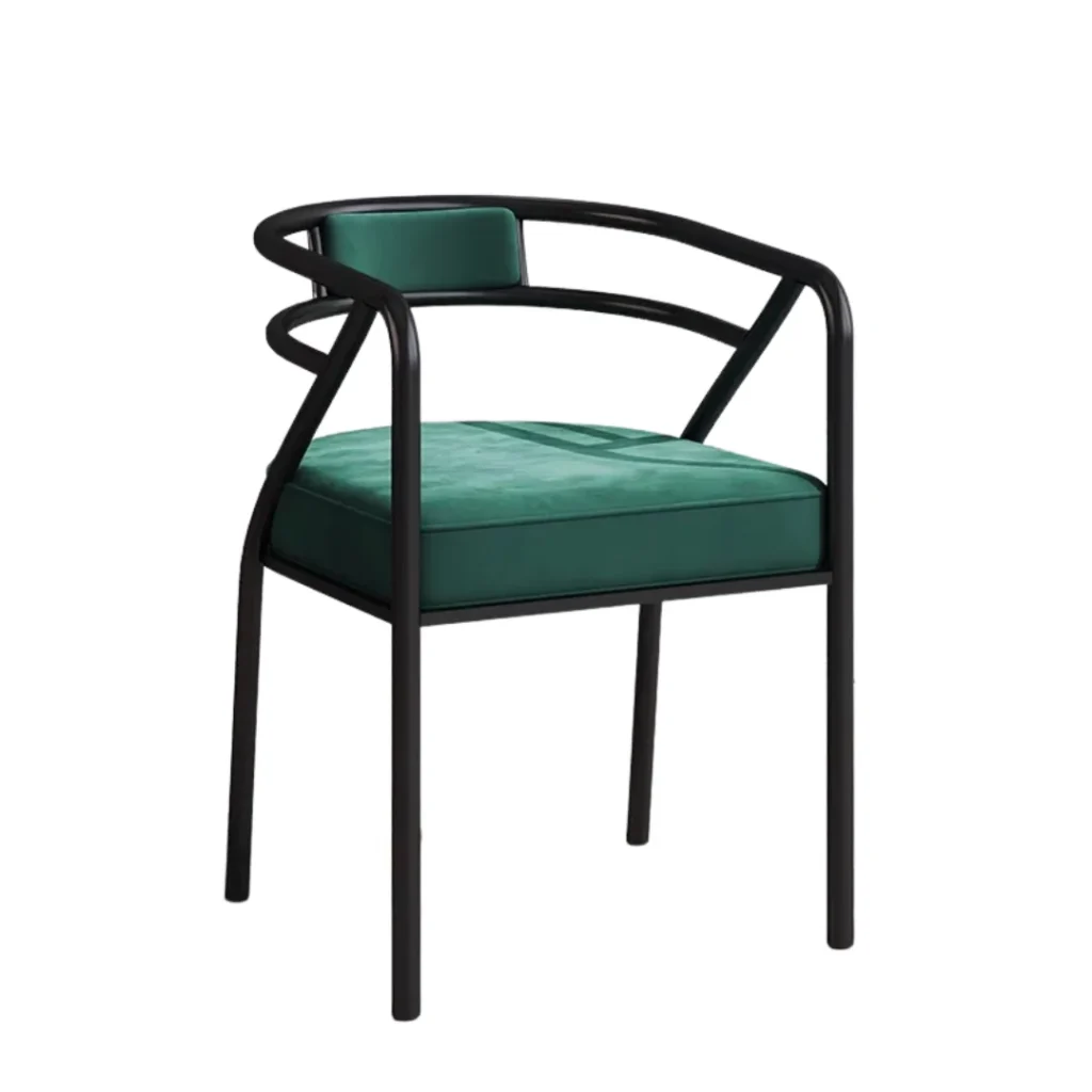Oloey Dining Chair with green upholstered seat and backrest, curved black metal frame and armrests in a modern minimalist design.