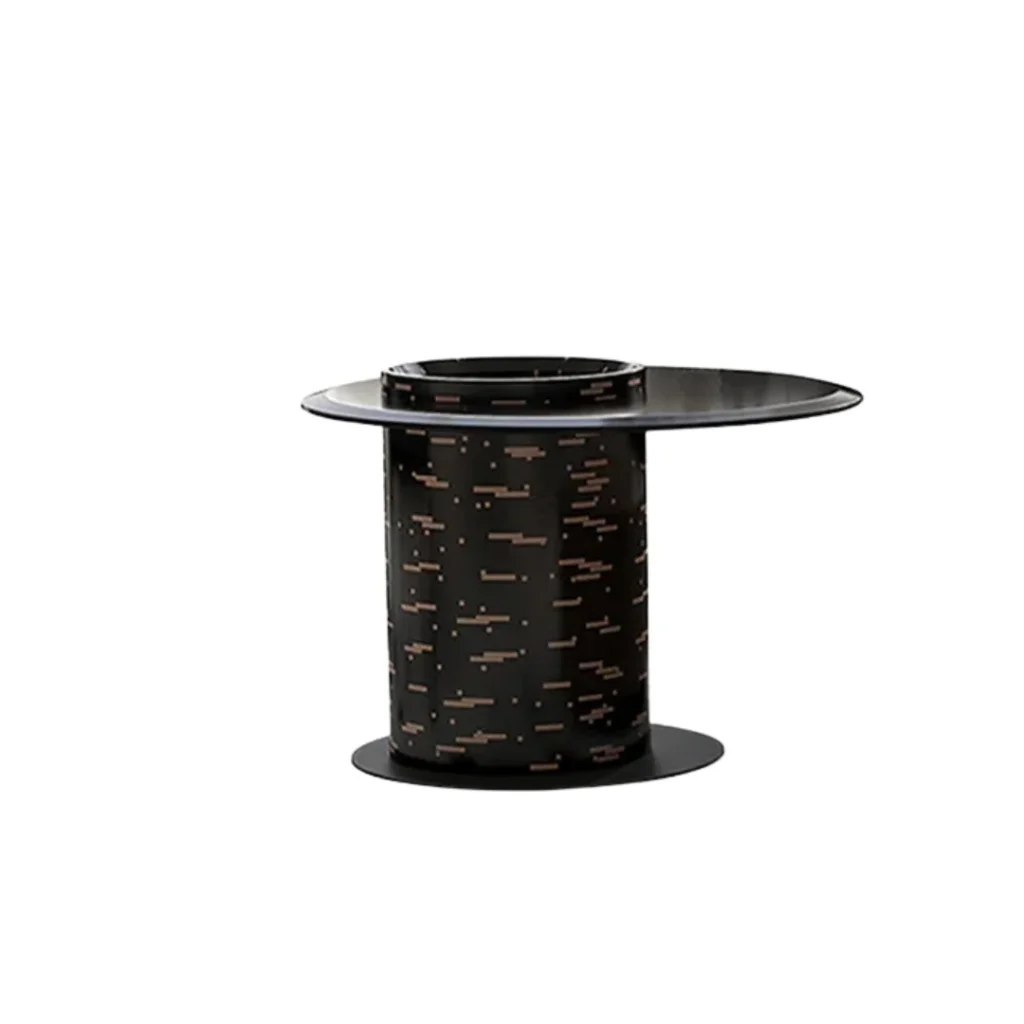 Creative Italian Design Coffee Table with round black tabletop, cylindrical patterned base, and bold contemporary sculptural style.