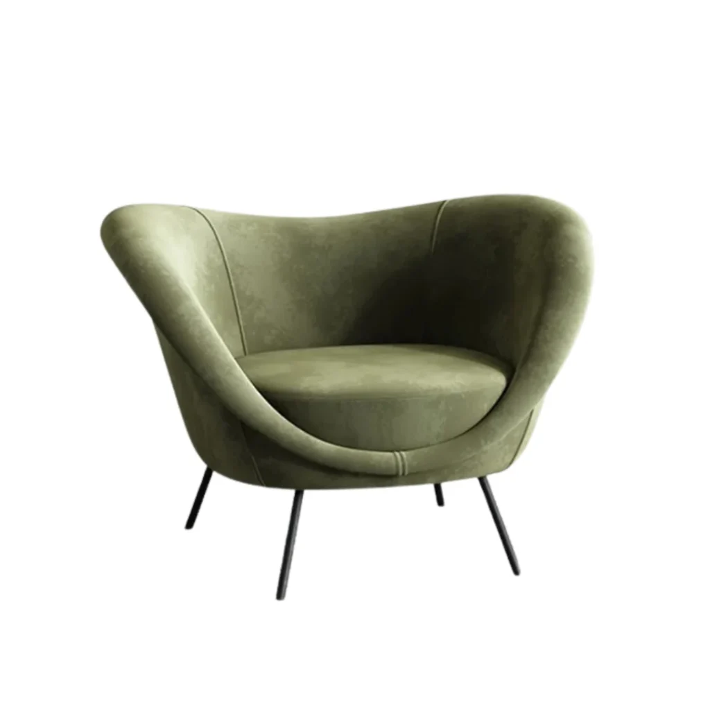 D.154.2 Armchair featuring green upholstered seating with a curved backrest and slim black metal legs on a white background
