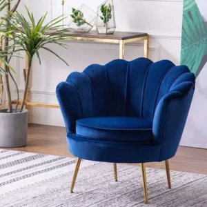 Shell Design Fabric Single Sofa: Blue velvet shell-style accent chair with gold legs and round seat cushion