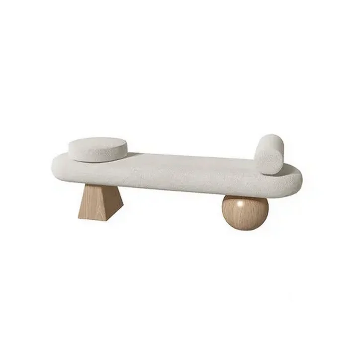 Minimalist Solid Wood Sofa Bench: A white upholstered bench with geometric wood legs, a round seat cushion, and a cylindrical bolster.