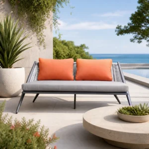 Modern Outdoor Sofa with Coral Cushions