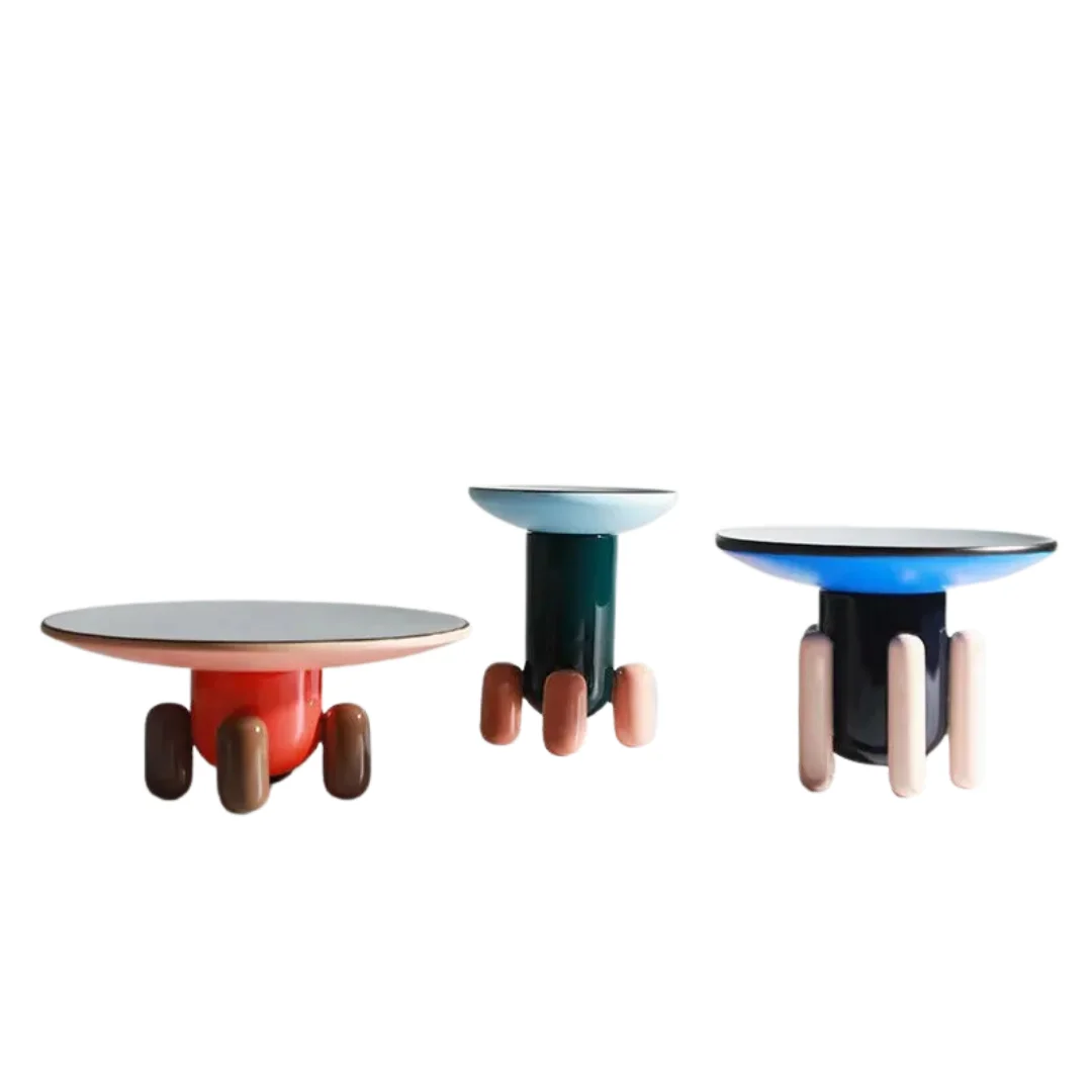 UFO Design Wooden Coffee Table featuring playful rounded legs, circular tabletop, and colorful modern form for artistic living spaces.