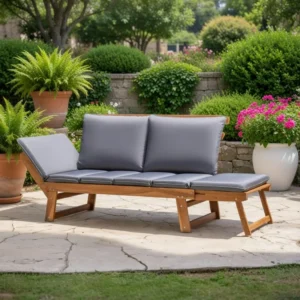 Adjustable Wooden Sofa with Plush Grey Cushions