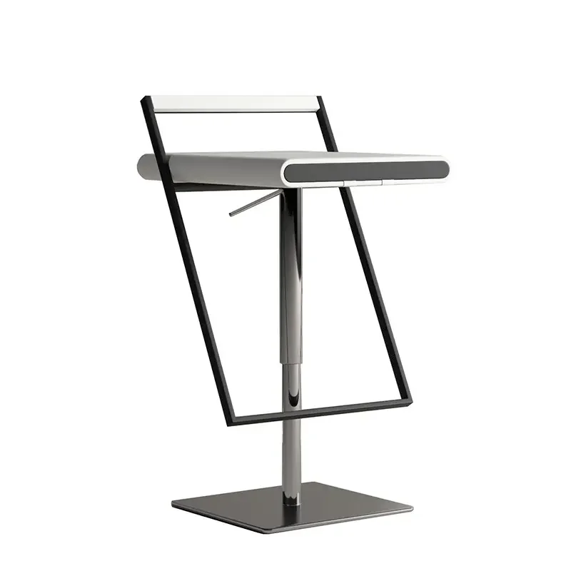 Modern Geometric Design Bar Chair with angular metal frame, adjustable height pedestal base, and minimalist seat for bars.