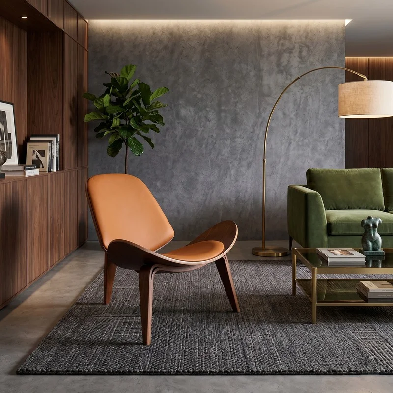 Modern living room with a curved orange lounge chair, green sofa, and arc floor lamp on a gray rug. A wooden cabinet and a tall plant sit against the wall.