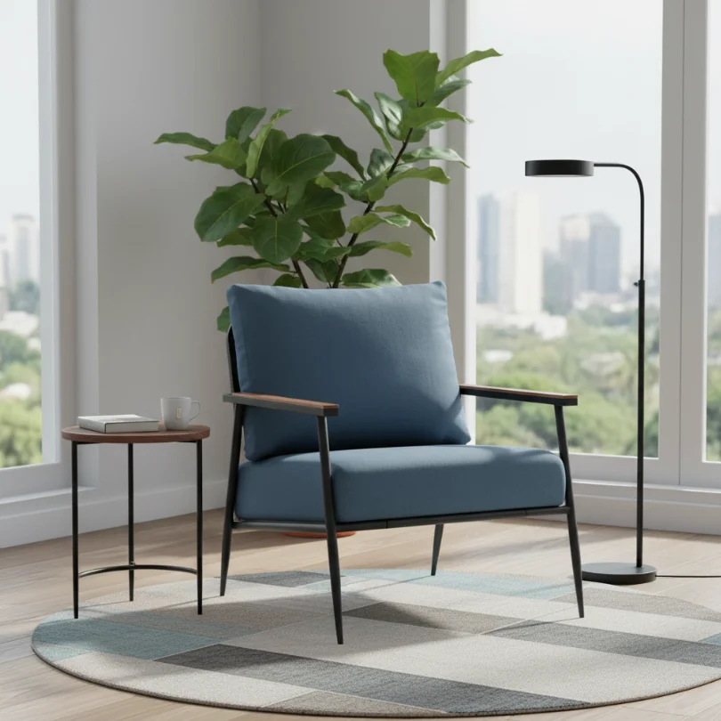 Blue upholstered lounge chair with wooden armrests beside a small round side table holding a mug and book, a tall plant, and a floor lamp in a bright living room with a city view through large windows.
