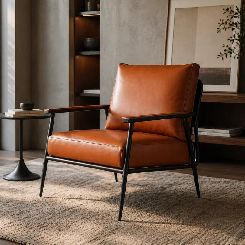 Brown leather armchair with a black metal frame in a modern living room setting on a textured rug.