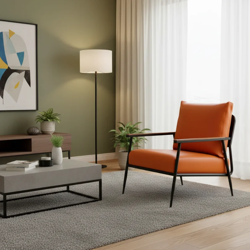 Orange leather armchair with black metal frame sits beside a gray coffee table on a textured rug in a modern living room with a green wall, floor lamp, abstract wall art, and potted plants.