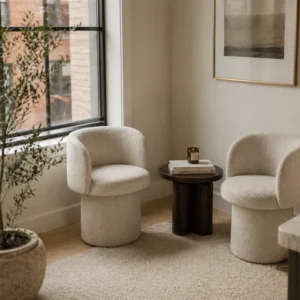 Two rounded beige upholstered chairs face each other with a dark round side table between them in a sunlit corner; a candle and books on the table, plant by the window, framed art on the wall, and a plush beige rug beneath.