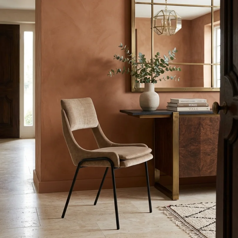 Beige upholstered chair with black legs beside a dark wood console, vase of eucalyptus, and a stack of books under a large gold-framed mirror on terracotta walls.