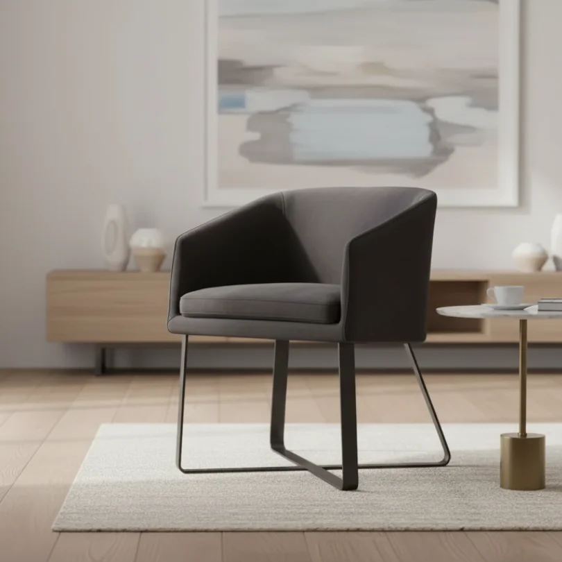 Modern gray armchair with metal legs in a bright living room, on a light rug with an abstract painting in the background.
