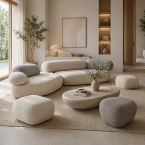 Minimalist living room with cream and taupe rounded sofas, potted plants, and a beige rug creating a calm, neutral retreat.