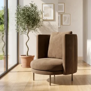 Brown circular lounge chair with high side panels in a sunlit living room beside a potted olive tree in a terracotta pot.