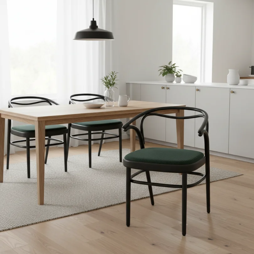 Minimal dining room with a light wood table and black-framed chairs with green cushions, a white sideboard, and a black pendant light.