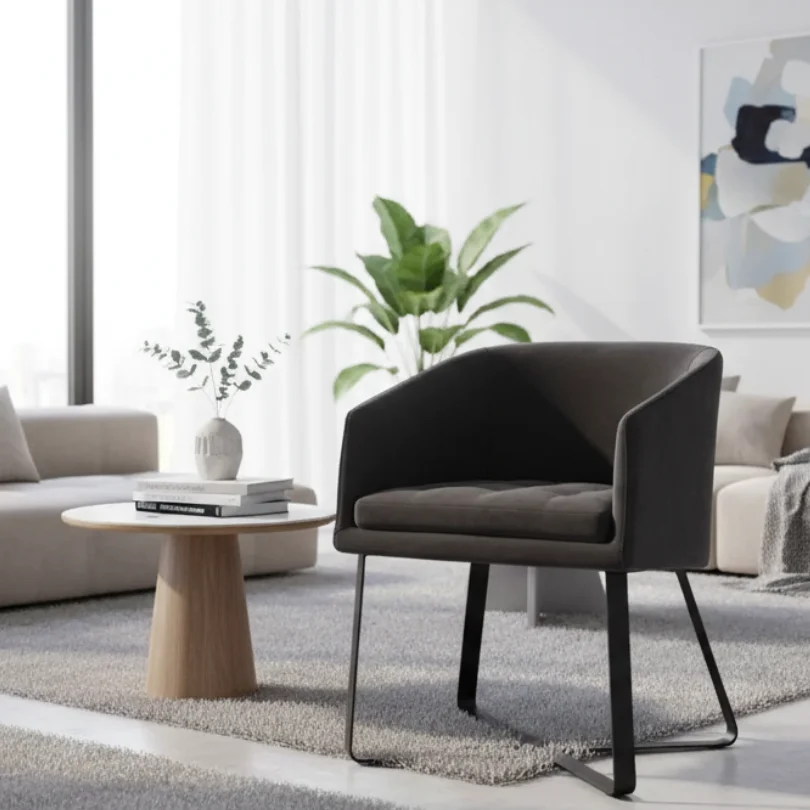 Modern living room with a black armchair, round wooden side table, and tall plant by a large window, on a gray rug with abstract art on the wall.