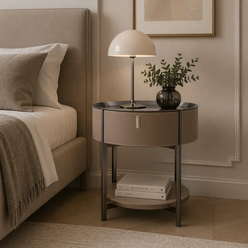 Round beige nightstand beside a bed with a lit table lamp, a glass vase with greenery, and a small shelf of books underneath.