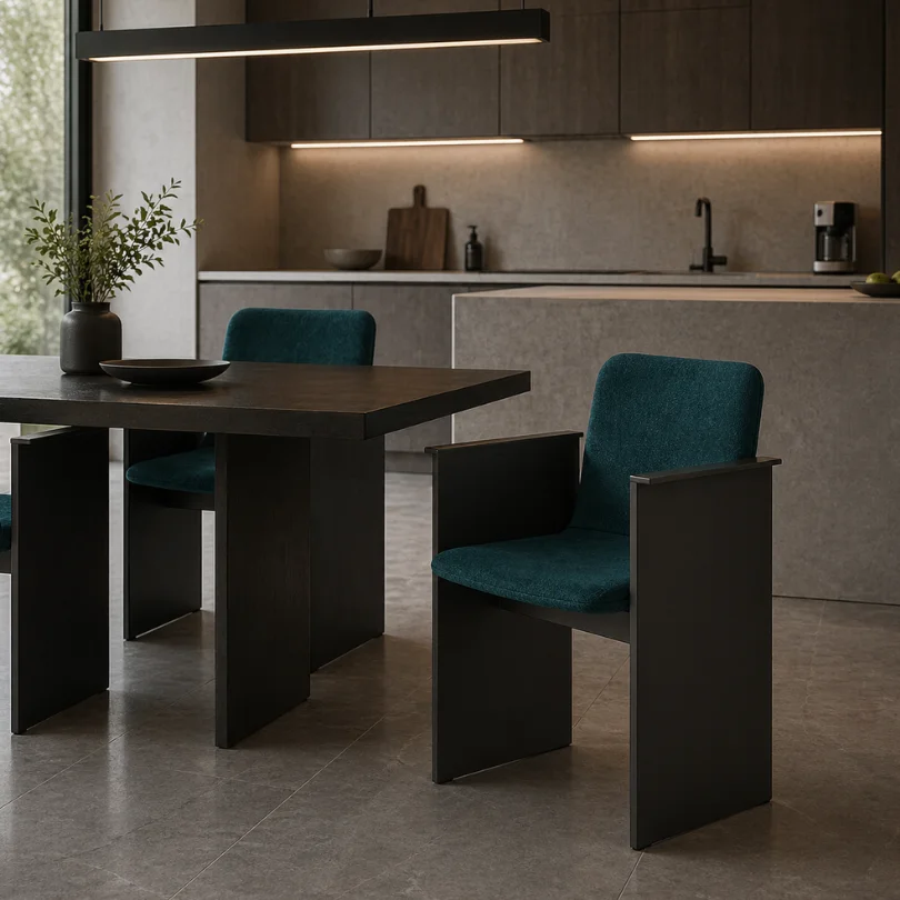 Modern dining area in a kitchen: dark rectangular table with teal upholstered chairs and a potted plant on the table