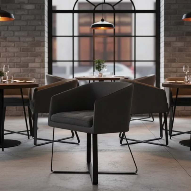 Modern restaurant interior with gray armchairs, wooden tables, brick walls, and a large grid window.