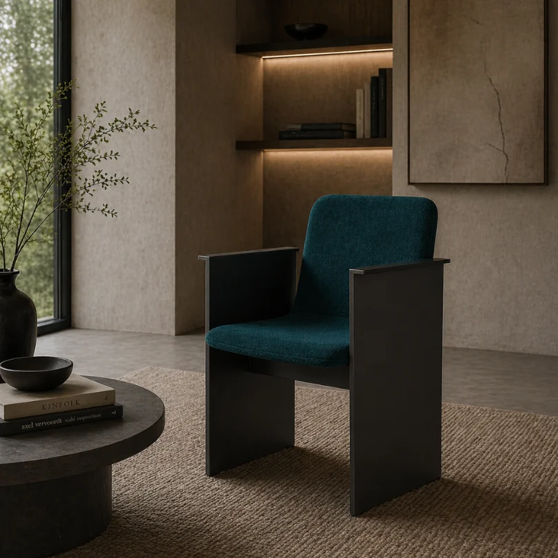 Teal upholstered armchair with a black metal frame in a modern living room, beside a round coffee table and plant.