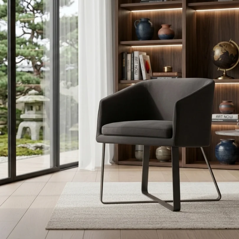 Modern gray armchair on a light rug beside large glass doors, with a wood bookshelf and globe in the background.
