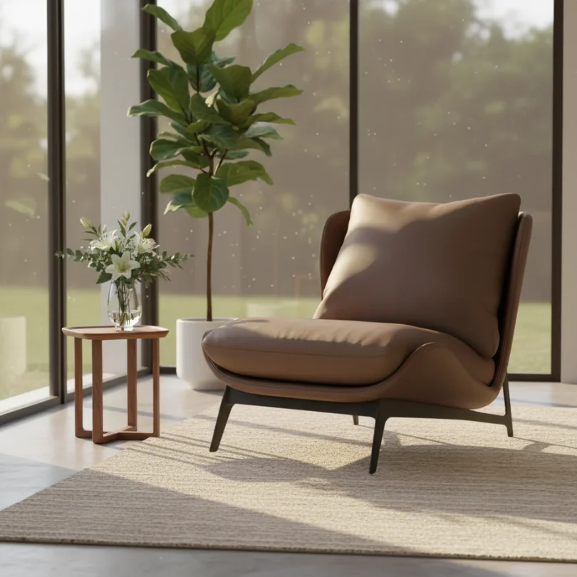 Brown leather lounge chair with a curved back and black legs, by large windows next to a small wooden side table with flowers in a vase on it.