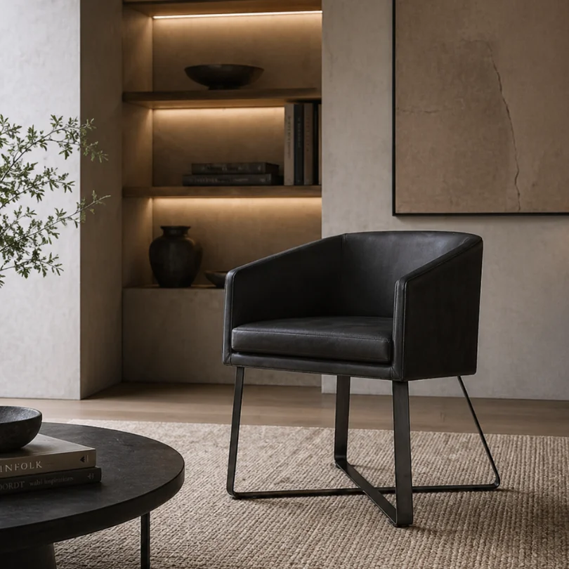 Modern black leather armchair with metal sled legs in a minimalist living room with built-in shelves and warm lighting
