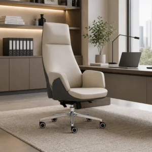 High-back beige leather executive chair on a wheeled chrome base in a modern home office.