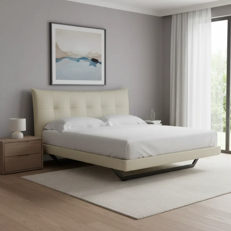 Queen bed with tufted beige headboard in a modern bedroom, flanked by wooden nightstands and a white lamp, near a large window with sheer curtains