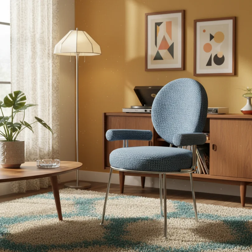 Blue upholstered mid-century armchair in a cozy living room with a wooden cabinet, floor lamp, and abstract framed art on the wall