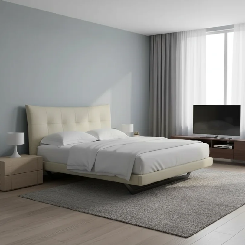Contemporary bedroom with a cream upholstered bed, white bedding, and matching nightstands on a gray rug. a TV sits on a wooden console by the window.