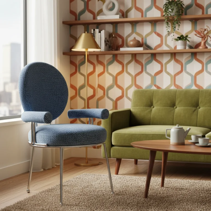 Cozy mid-century living room with a blue upholstered chair, green sofa, wooden coffee table, and patterned wallpaper on shelves.