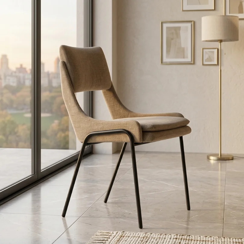 Beige upholstered lounge chair with metal legs beside a glass window in a minimalist living room