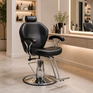 Black leather barber chair with chrome base in a modern salon, near a well-lit mirror and styling products on shelves.