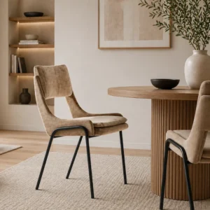 Round wooden dining table with a ribbed pedestal base, beige upholstered chairs, and a tall vase with greenery in a minimalist dining room setting.