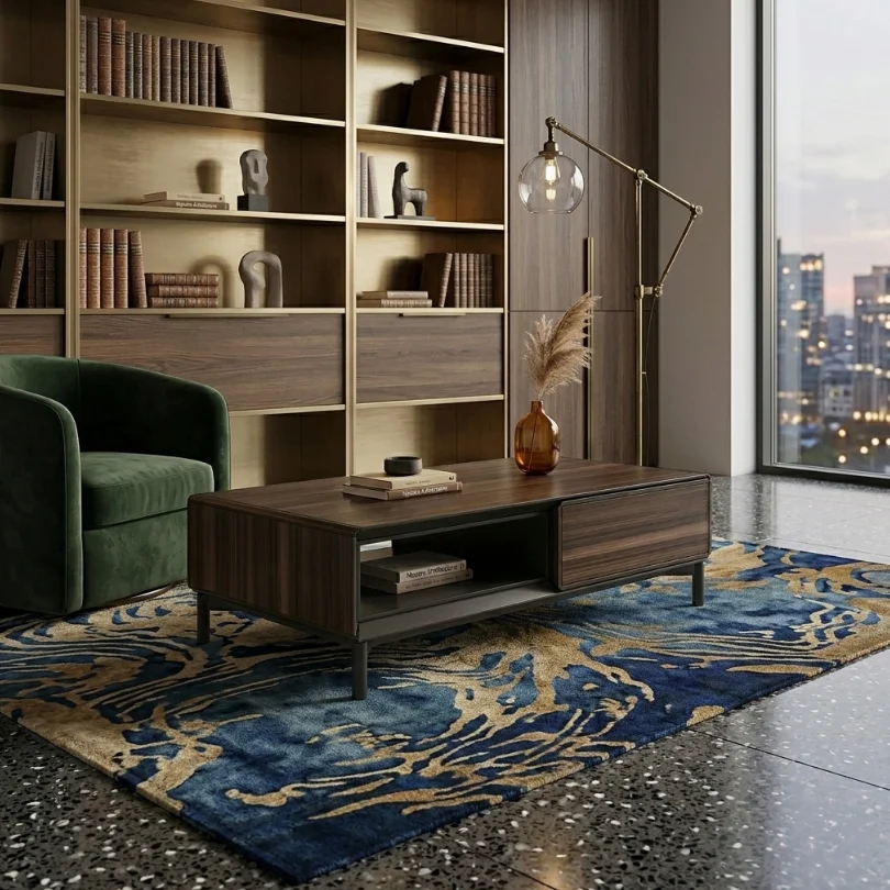 Modern living room with a tall wooden bookshelf, green velvet armchair, dark wood coffee table, blue and gold rug, and a floor lamp by a large window overlooking the cityscape.
