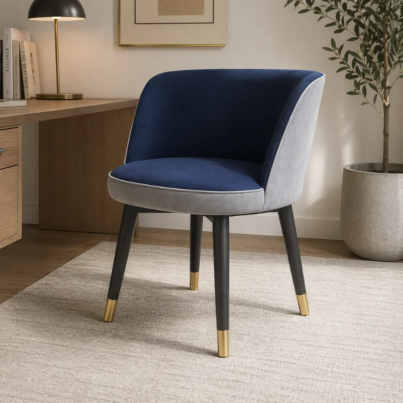 Blue velvet accent chair with dark legs and brass-capped feet in a modern home office setting.