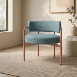 Blue circular lounge chair with a pink metal frame in a sunlit living room, next to a plant and a small side table on a beige rug.