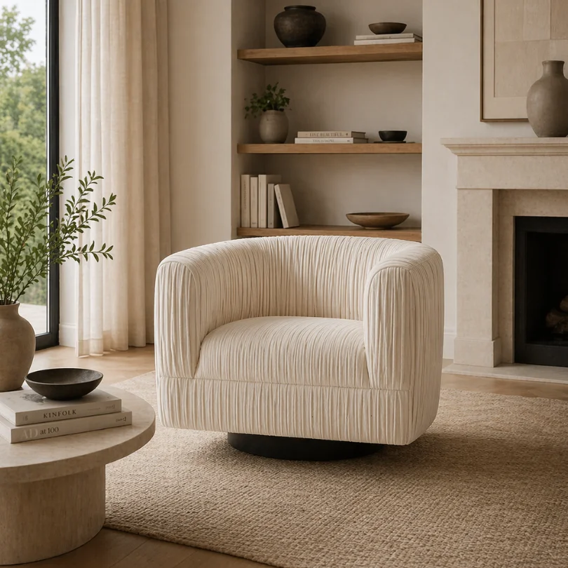 Cream ribbed swivel chair in a neutral living room with a round coffee table, plants, books, and a fireplace on the right.