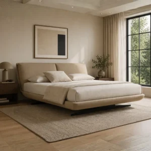 Minimalist beige platform bed with white bedding in a bright bedroom, large window with greenery outside.