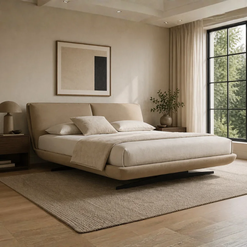 Minimalist beige platform bed with white bedding in a bright bedroom, large window with greenery outside.